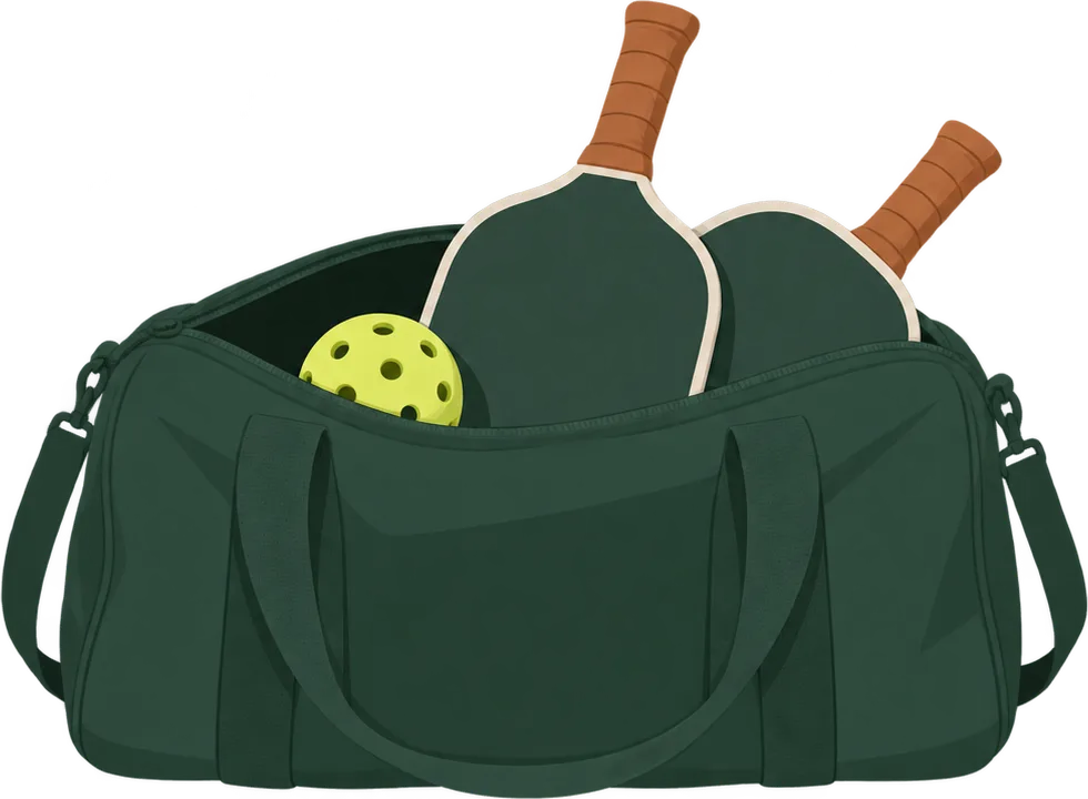 Illustration d'un sac de sport ouvert posé au sol, avec deux raquettes de pickleball, une balle perforée et une gourde, devant un filet de terrain.