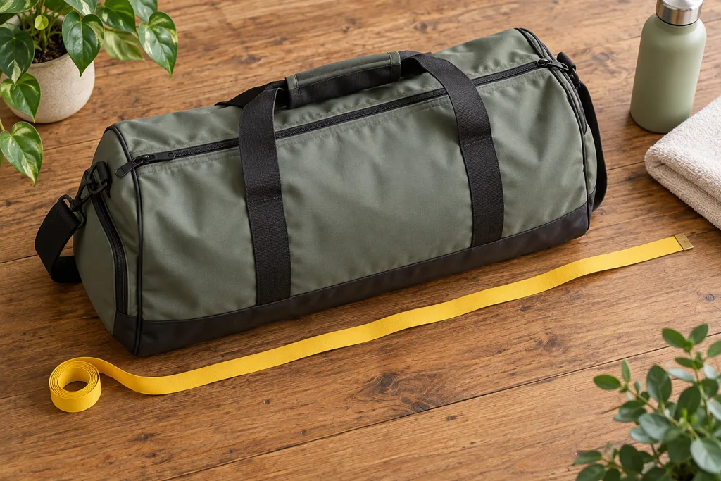 Un mètre ruban posé le long d'un sac de sport pour en relever la longueur, la largeur et la hauteur.