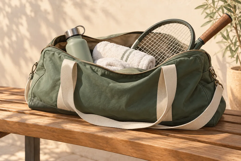 Un sac ouvert laissant voir une raquette, des balles, une gourde et une serviette.