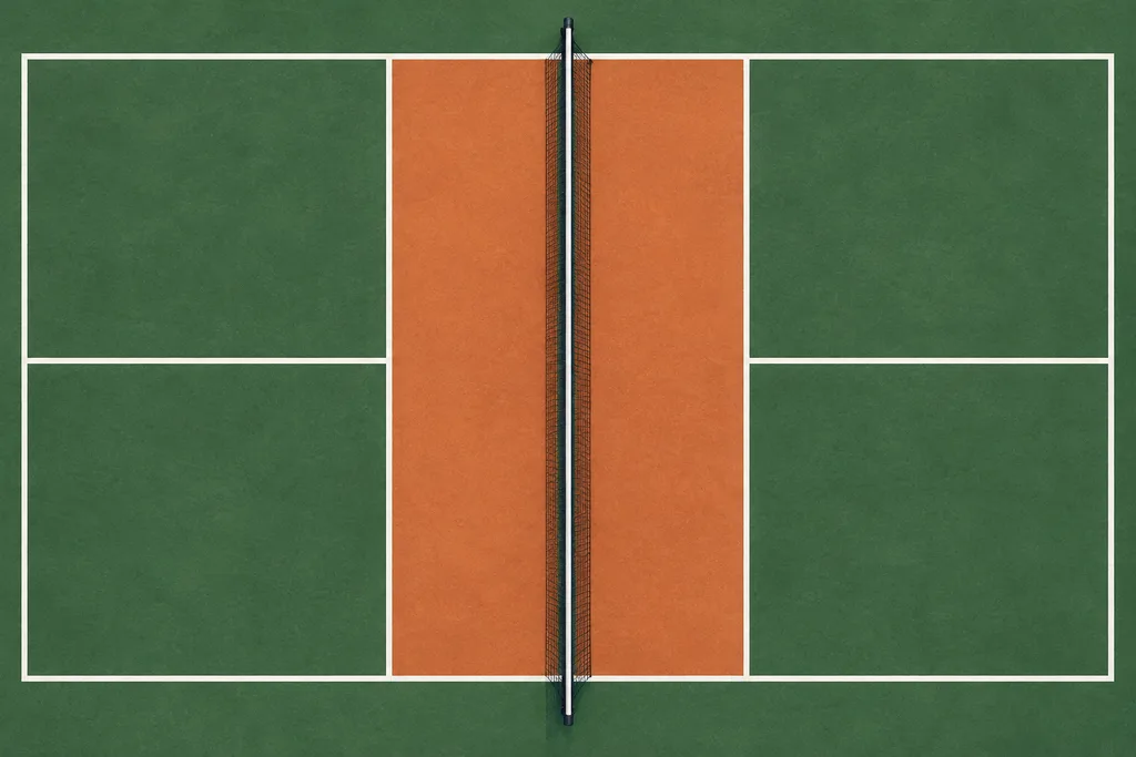 Un terrain de pickleball vu de dessus avec la zone proche du filet mise en évidence.