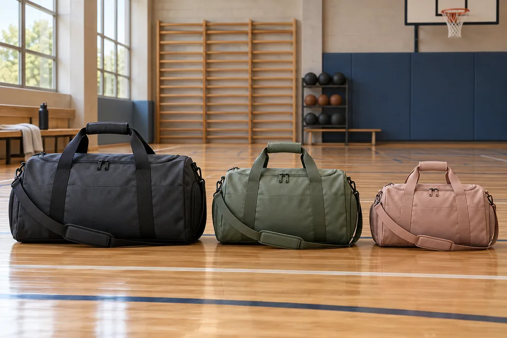 Un sac à dos, un sac de sport et un sac à raquettes posés côte à côte sur le sol d'un gymnase.